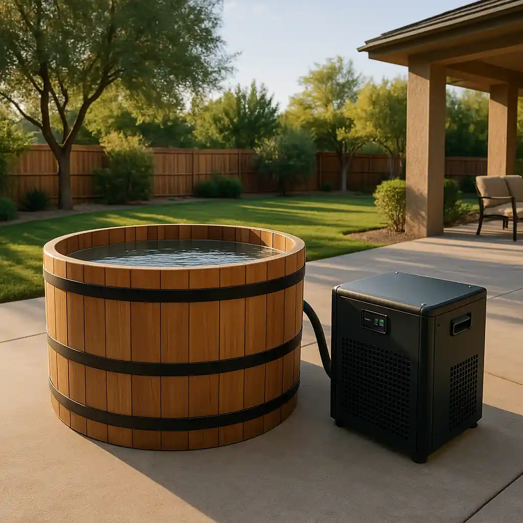 Cold plunge tub and cold plunge water chiller in backyard setup