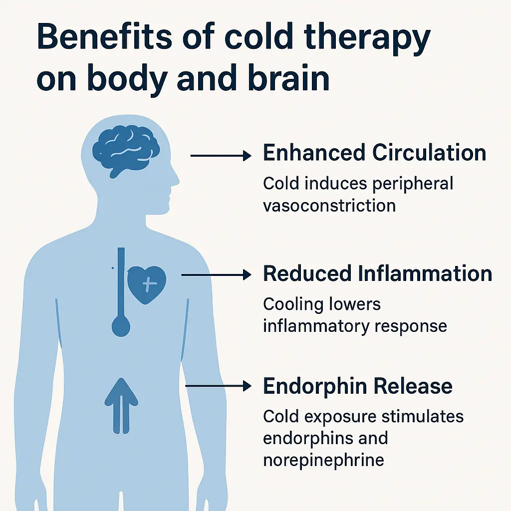 Diagram showing benefits of cold therapy: improved circulation, reduced inflammation, endorphin release