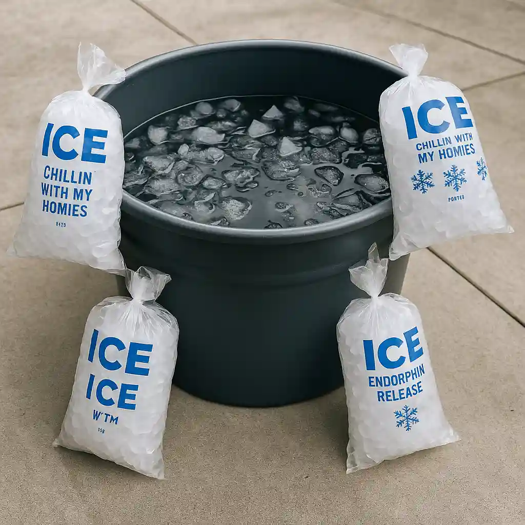 Ice bath in plastic tub with melting ice bags around it