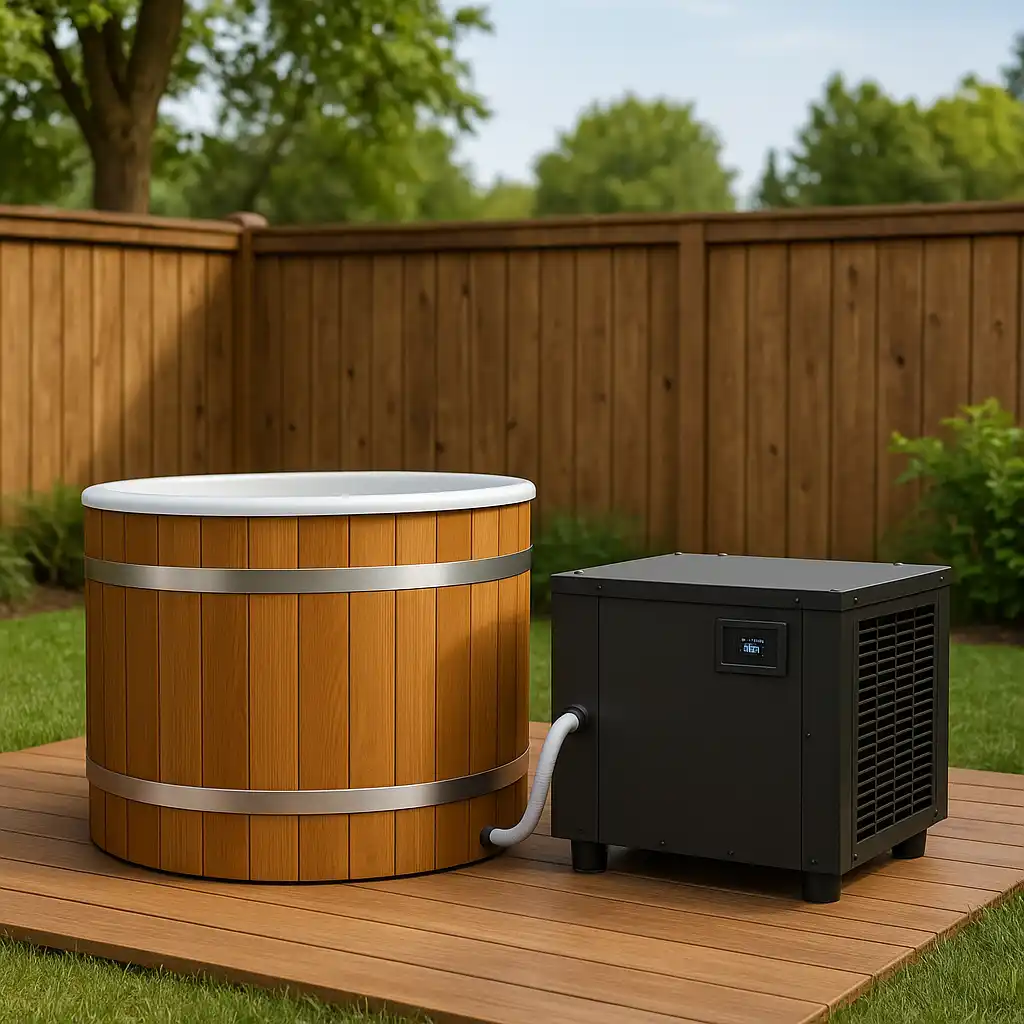 Cold plunge chiller system connected to tub with control display
