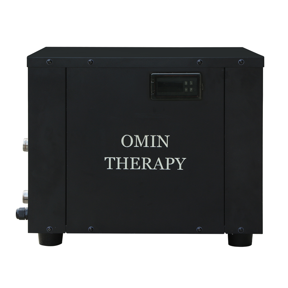Side view of black OMIN THERAPY cold plunge chiller showing dual ventilation panels