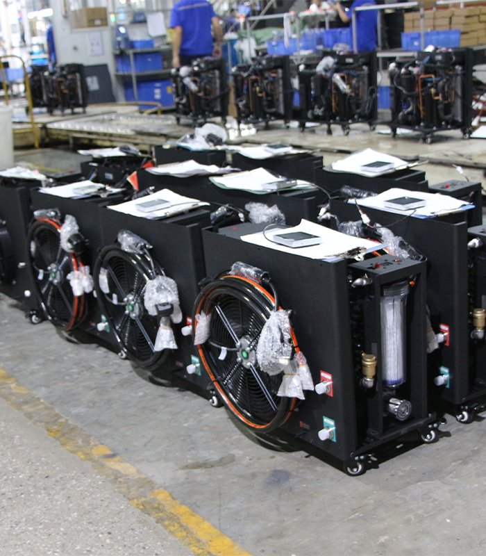 Multiple cold plunge chillers prepared for packaging and delivery in factory