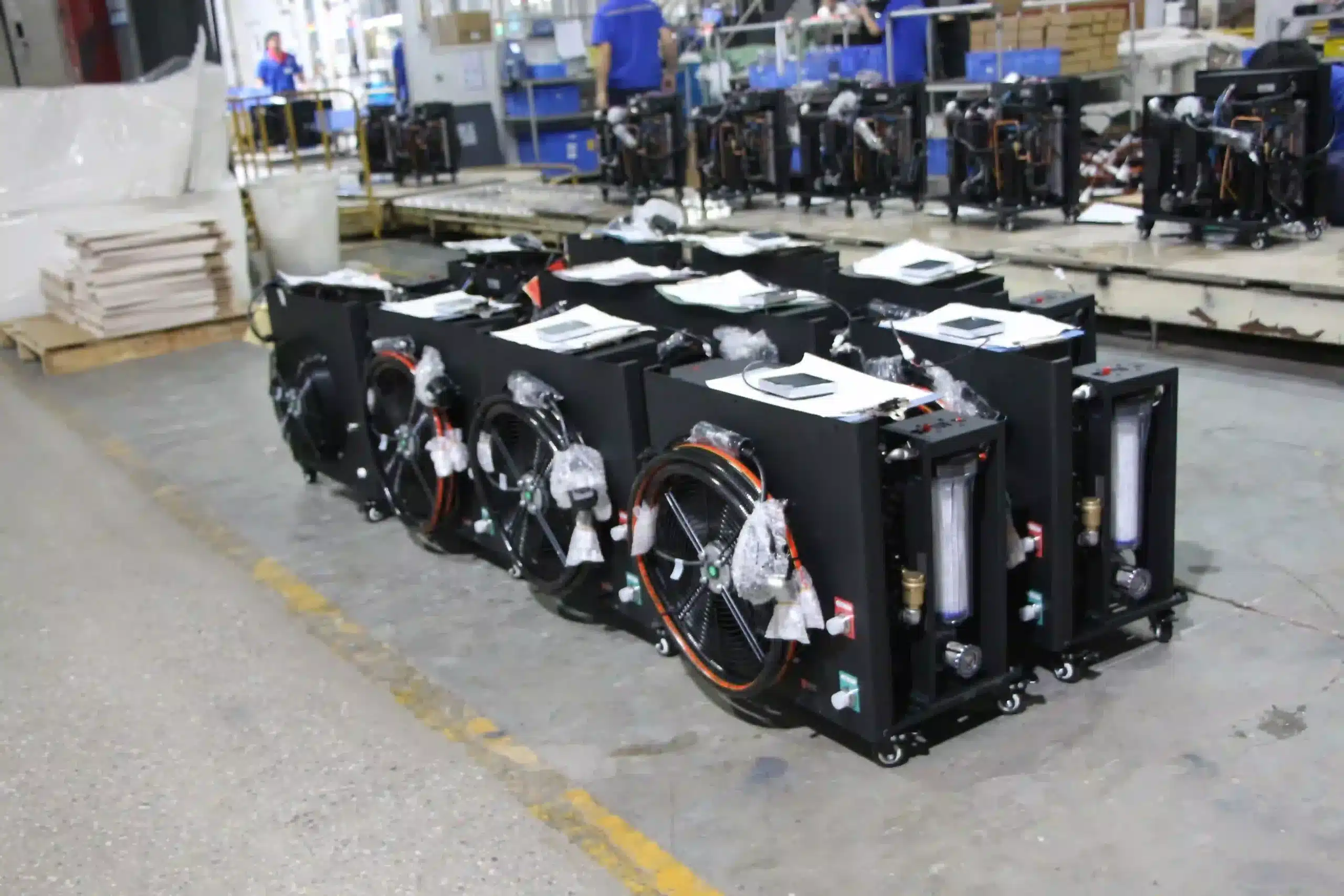 Cold plunge chiller units arranged on the OMNI Ice production floor