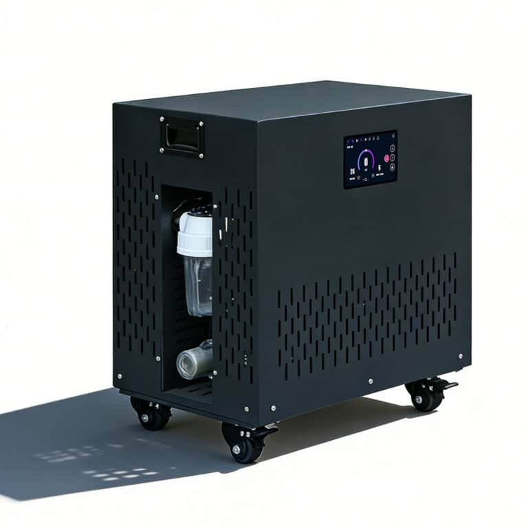 Black CHU-15 cold plunge chiller with touchscreen, filter housing and caster wheels