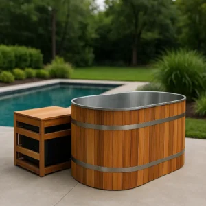 Dual-person cold plunge tub with chiller placed near a backyard swimming pool