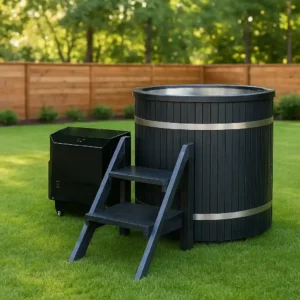Complete cold plunge setup with chiller and filter connected to a stainless steel tub