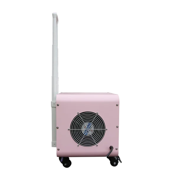 Side view of 0.5HP cold plunge water chiller showing large fan vent and wheels