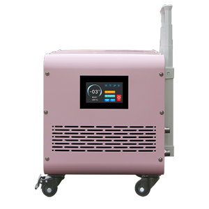 Lightweight 0.5HP cold plunge chiller in pink with pull handle and wheels, capable of 0°C cooling