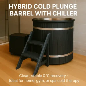 Promotional image of a hybrid cold plunge barrel with chiller, shown in a modern spa room with text overlay for cold therapy marketing