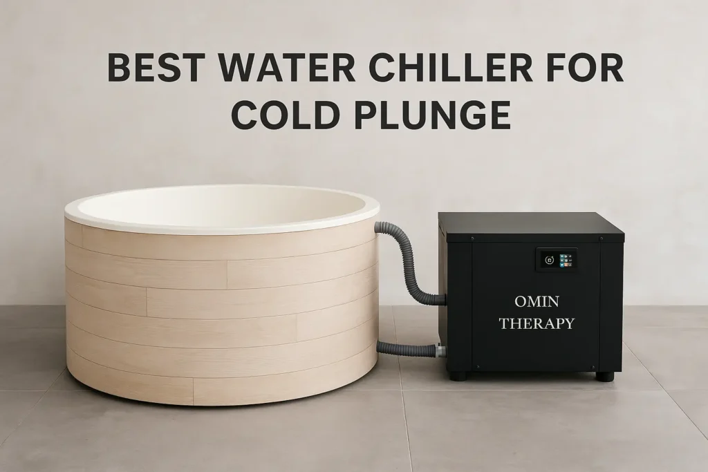 Round wood cold plunge tub connected to a black chiller unit labeled “OMIN THERAPY”