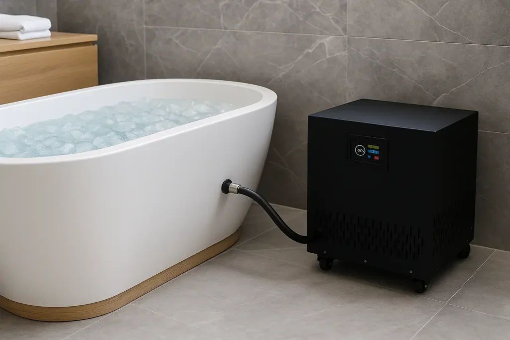 Rectangular acrylic bathtub filled with ice, connected to black GCS-labeled cold plunge chiller