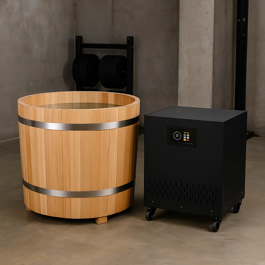 Round wooden cold plunge tub with portable black smart chiller in a home gym setting