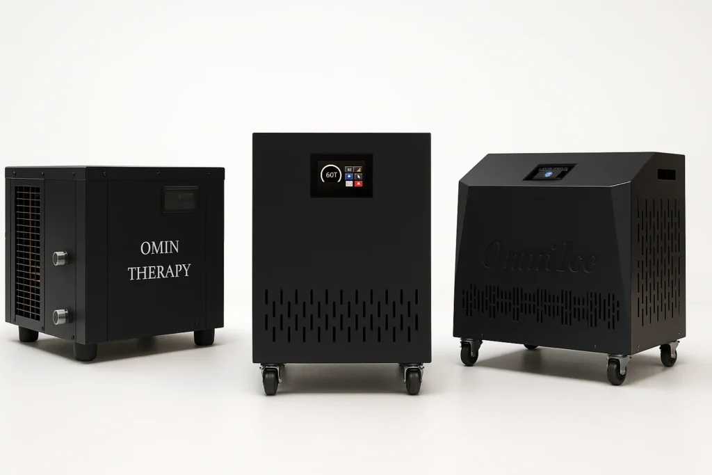 Three black chiller units side by side with different casing styles: OMIN THERAPY, touch screen, and OmniIce