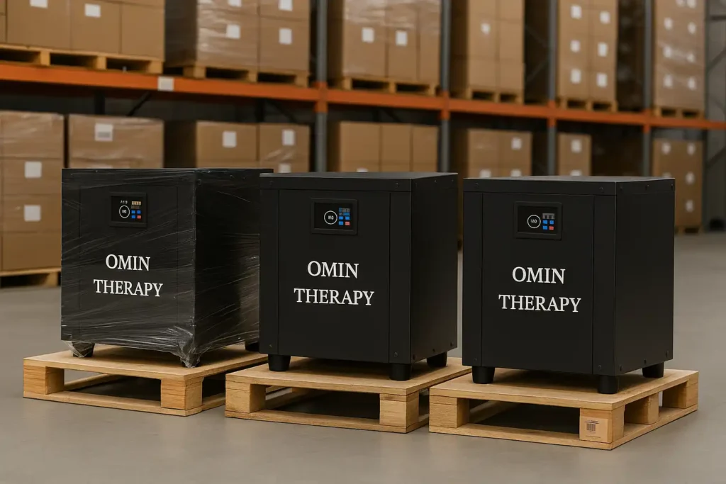 Three OMIN THERAPY chiller units neatly packed on pallets in a warehouse