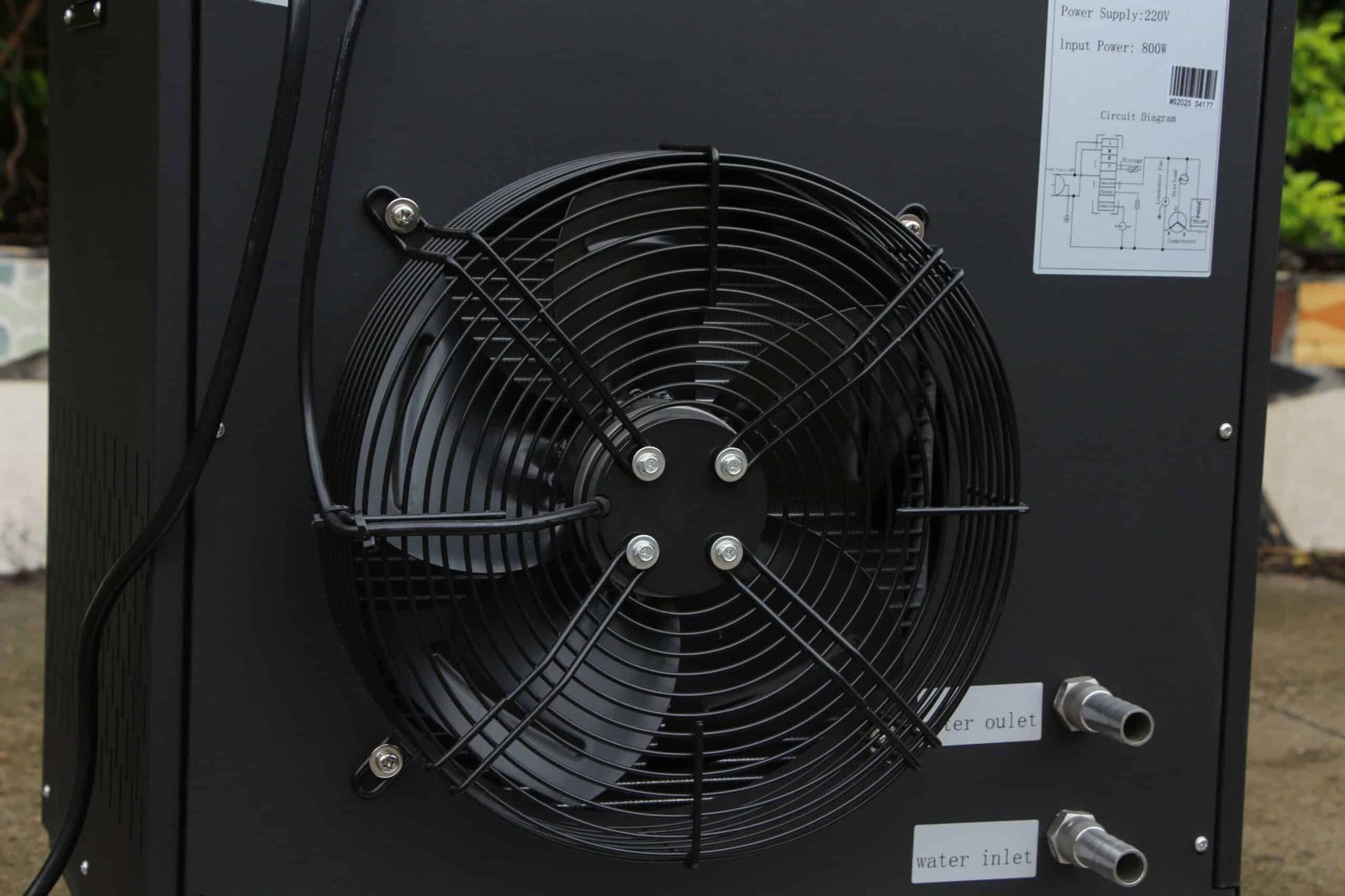 Rear condenser fan and water connections on a cold plunge chiller