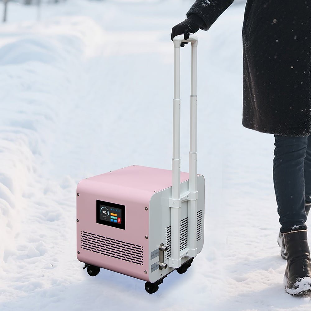 Portable water chiller for cold plunge use with pull handle and wheels