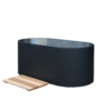 Front view of filled outdoor cold plunge tub with accompanying wooden step