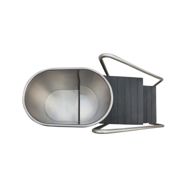 Top view of metal tub for ice baths with stainless steel barrel and black steps, featuring safety handrail for easy entry