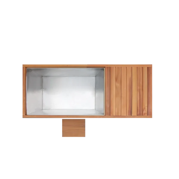 Top view of best cold plunge tub with stainless steel interior and natural wood panel, rectangular ice bath for home or gym recovery