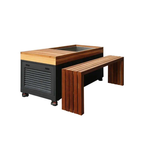 Angled view of cold plunge pool with natural wood trim and matching bench, portable design for home or gym ice bath