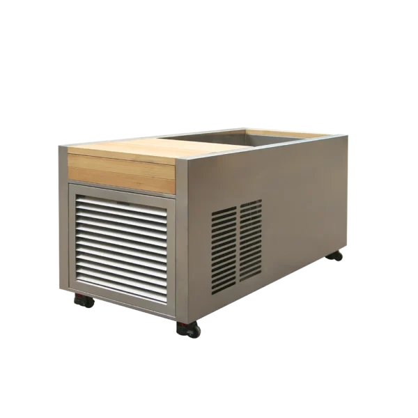 Angled view of plunge cold tub with stainless steel exterior, wood top trim, and side ventilation panel, modern ice bath design