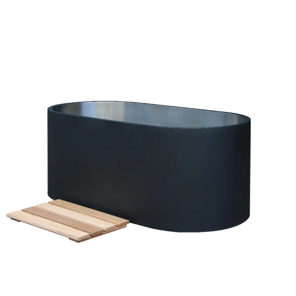 Outdoor cold plunge tub with matte black exterior and stainless steel inner tub
