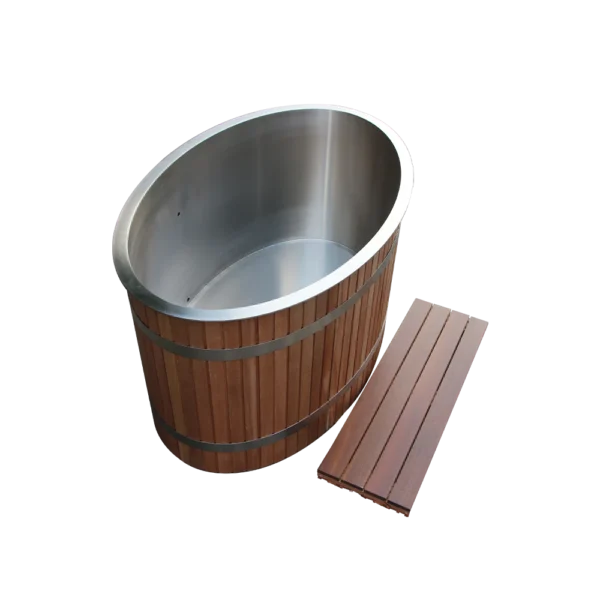 Angled view of WT-04 cold plunge barrel with cherry wood finish and stainless steel interior