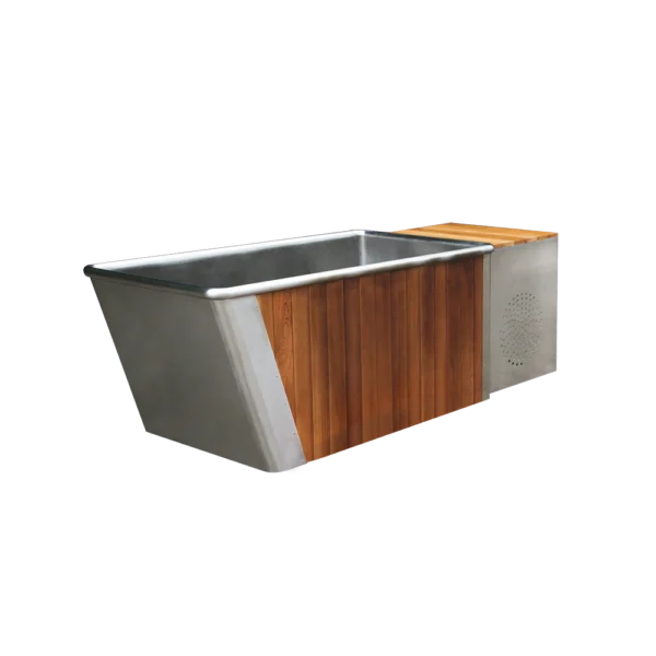 Rectangular metal tub for ice bath with wooden panel sides and integrated chiller unit