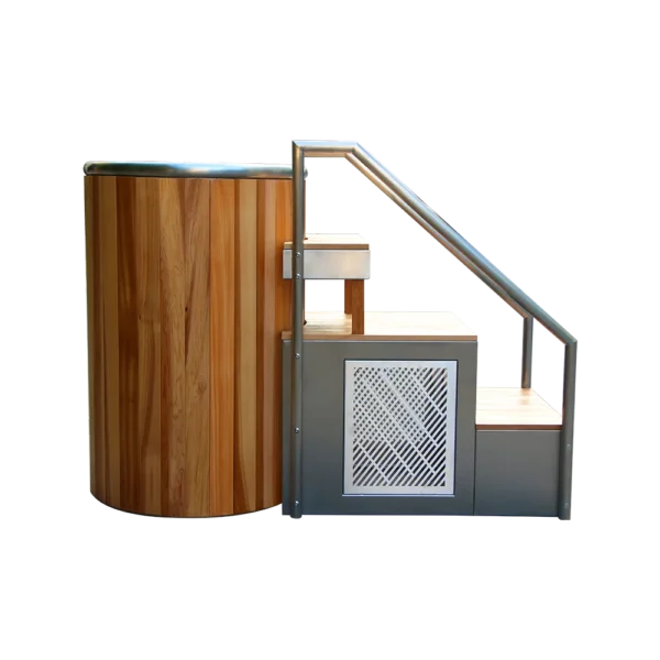 Side profile of metal ice bath tub featuring stainless steel barrel and wooden steps with handrail, ideal for cold plunge therapy