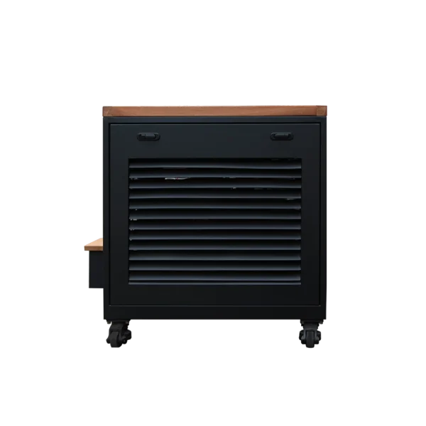 Side view of best cold plunge tub, showing black panel with ventilation grilles and movable wheels, premium ice bath chiller