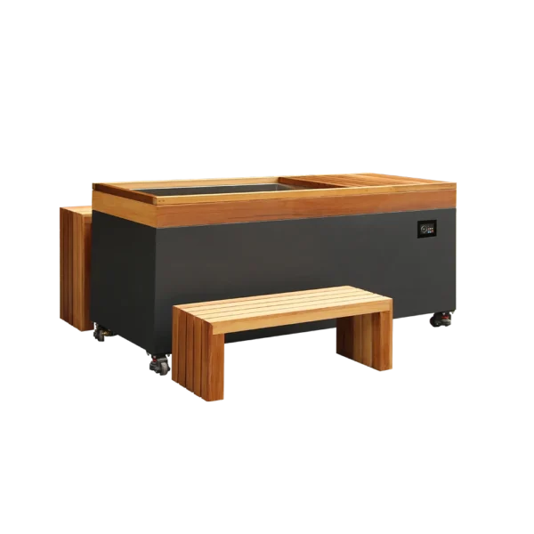 Rear view of cold plunge pool featuring two matching wooden benches and modern black exterior, ideal for cold water therapy
