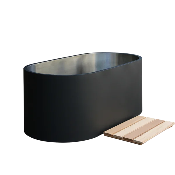 Diagonal view of outdoor cold plunge tub with modern minimalist look