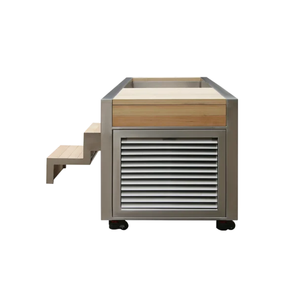 Front view of plunge cold tub, stainless steel body and wood step entry, integrated ventilation grille for rapid cooling