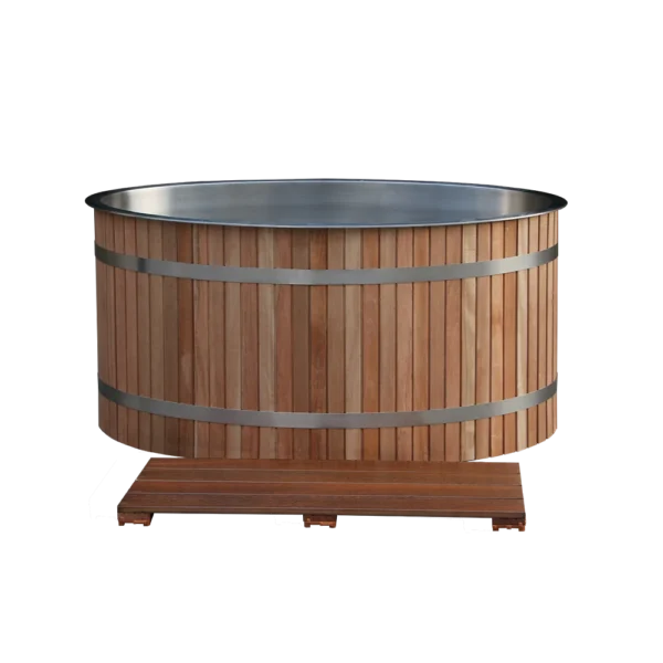 Front view of WT-04 wooden cold plunge barrel with round shape and cedar exterior
