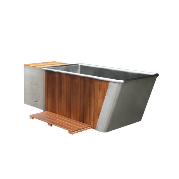 Metal ice bath tub with cedar wood step and integrated cooling system