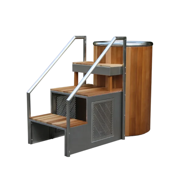 Outdoor view of metal ice bath tub, showing integrated wooden steps and sturdy stainless steel frame, perfect for ice bath recovery