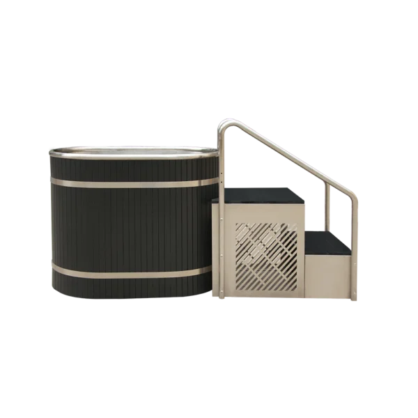 Side profile of metal tub for ice baths, black and stainless steel design with handrail and entry steps