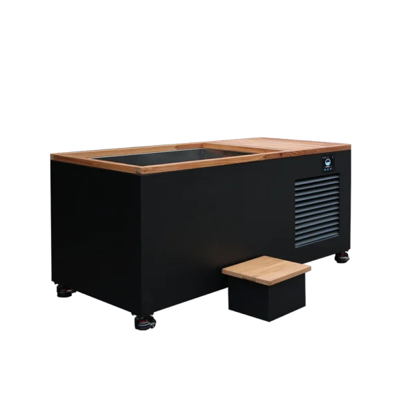 Angled corner view of best cold plunge tub, featuring black exterior, wood trim, digital control panel, and access step
