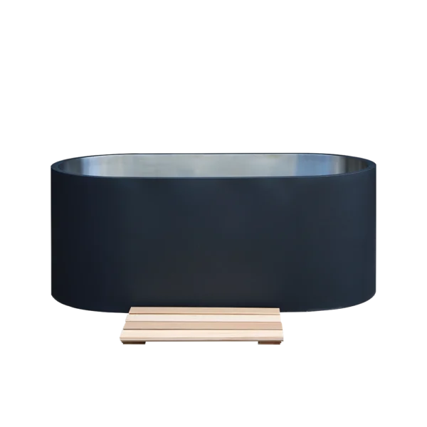 Outdoor cold plunge tub front view, sleek oval black design with step