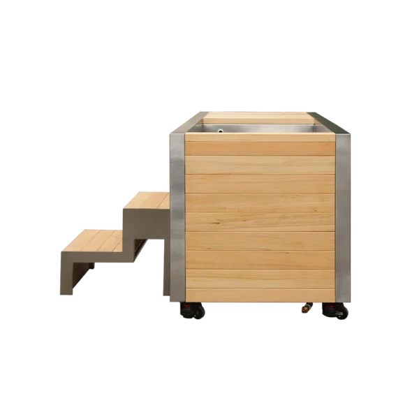 Side profile of plunge cold tub, natural wood side panel and entry steps, sturdy stainless steel construction for cold therapy