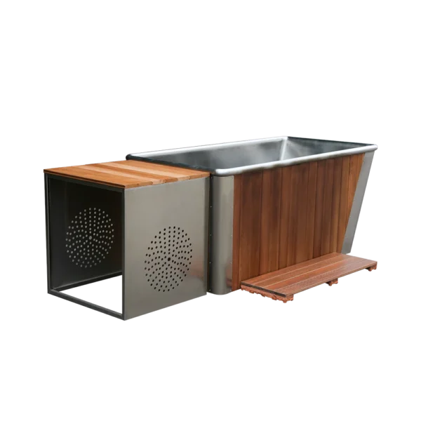 Full angle view of a metal ice bath tub with wooden exterior and side-mounted chiller