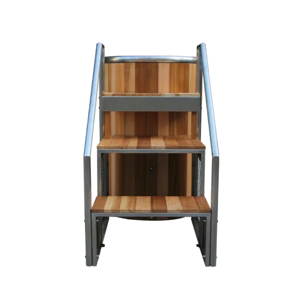 Front view of metal ice bath tub and wooden steps, equipped with handrails for safe entry, cold plunge barrel for home or gym use