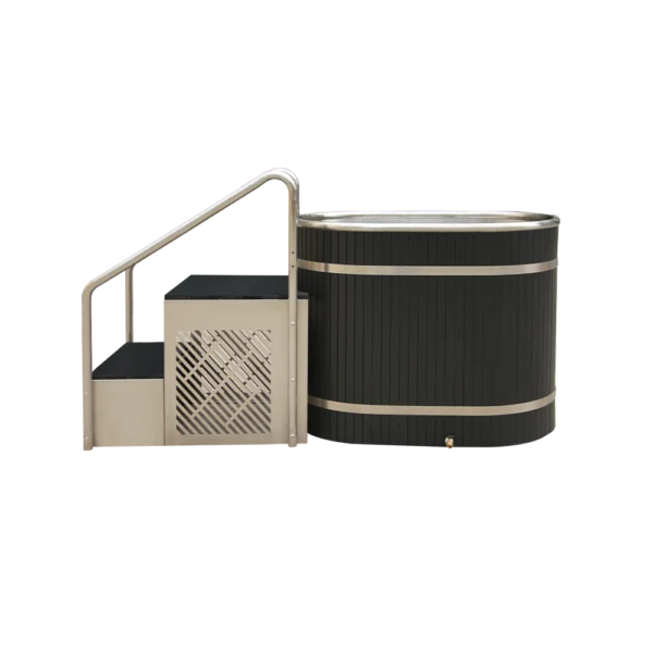 Opposite side view of metal tub for ice baths, showing black exterior with stainless steel steps and safety handrail