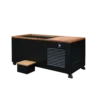 Diagonal view of best cold plunge tub, integrated wooden step, black body, wood top, and digital temperature control