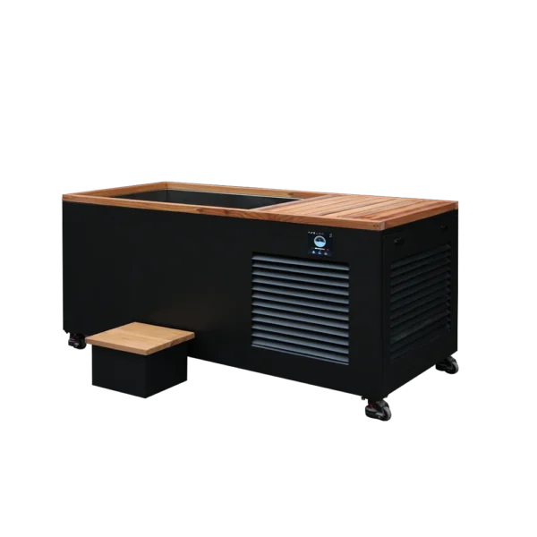 Diagonal view of best cold plunge tub, integrated wooden step, black body, wood top, and digital temperature control