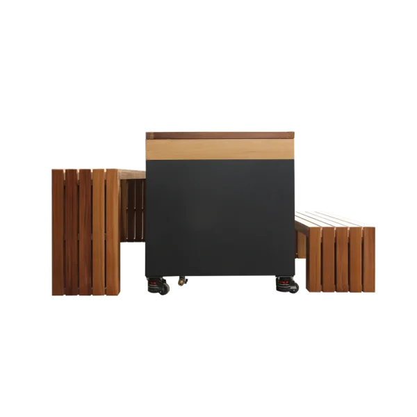 End view of cold plunge pool, featuring matching wooden bench and minimalist black and wood design for modern wellness