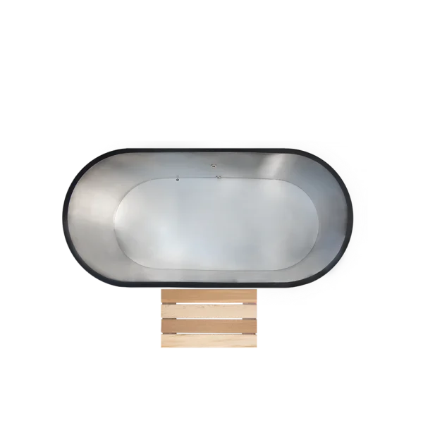Top view of outdoor cold plunge tub made of stainless steel, empty version