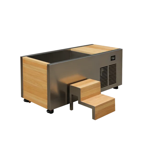 Rear angled view of plunge cold tub, highlighting stainless steel finish, digital temperature controller, and wood entry steps