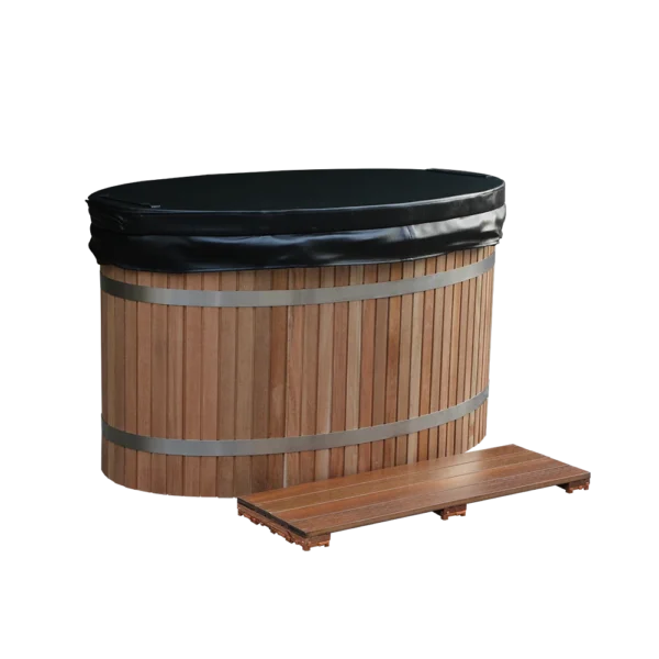 WT-04 round cold plunge tub with insulation cover and cedar foot step