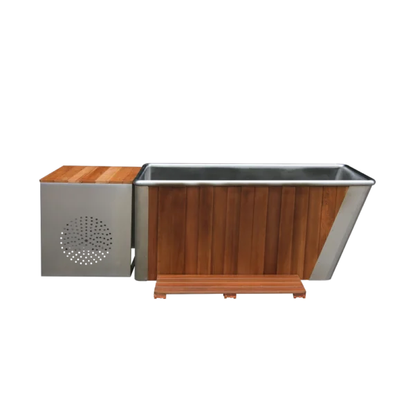 Side view of metal tub for ice bath with wood paneling and matching wood step